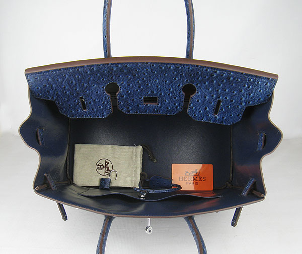 High Quality Fake Hermes Birkin 35CM Ostrich Veins Handbag Dark Blue 6089